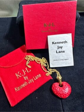 Vtg: K.J.L. for Avon Red Lucite Decorative Heart Pendant Necklace w/Box